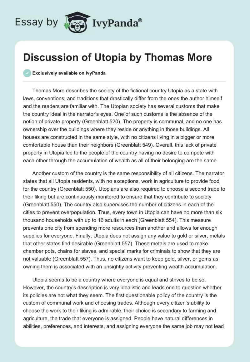 Discussion of "Utopia" by Thomas More. Page 1