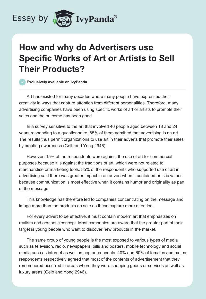 How and Why Do Advertisers Use Specific Works of Art or Artists to Sell Their Products?. Page 1