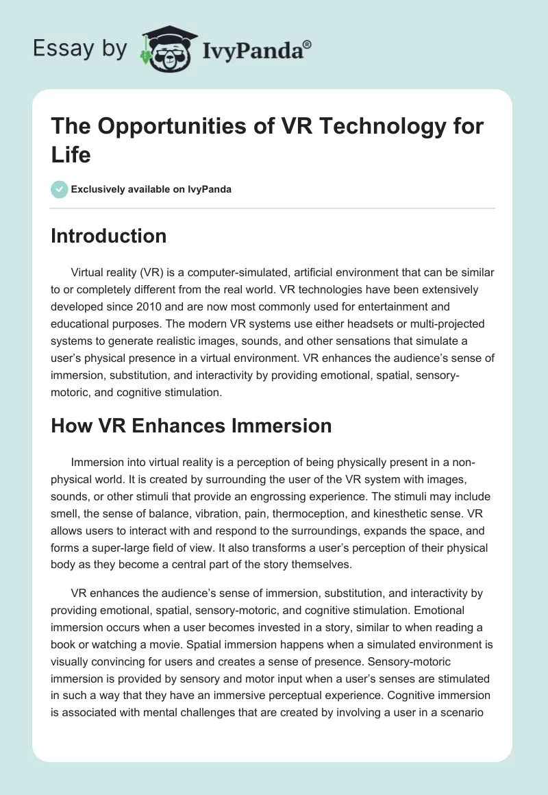 The Opportunities of VR Technology for Life. Page 1