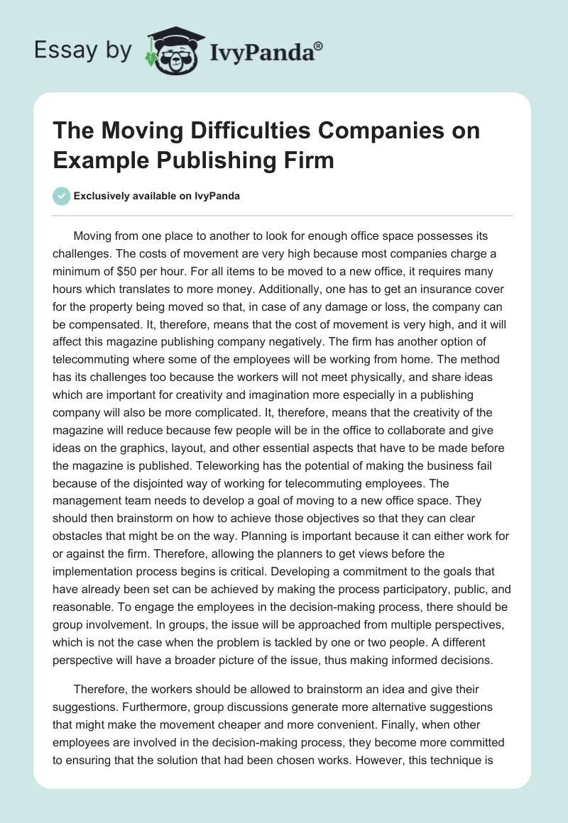 The Moving Difficulties Companies on Example Publishing Firm. Page 1