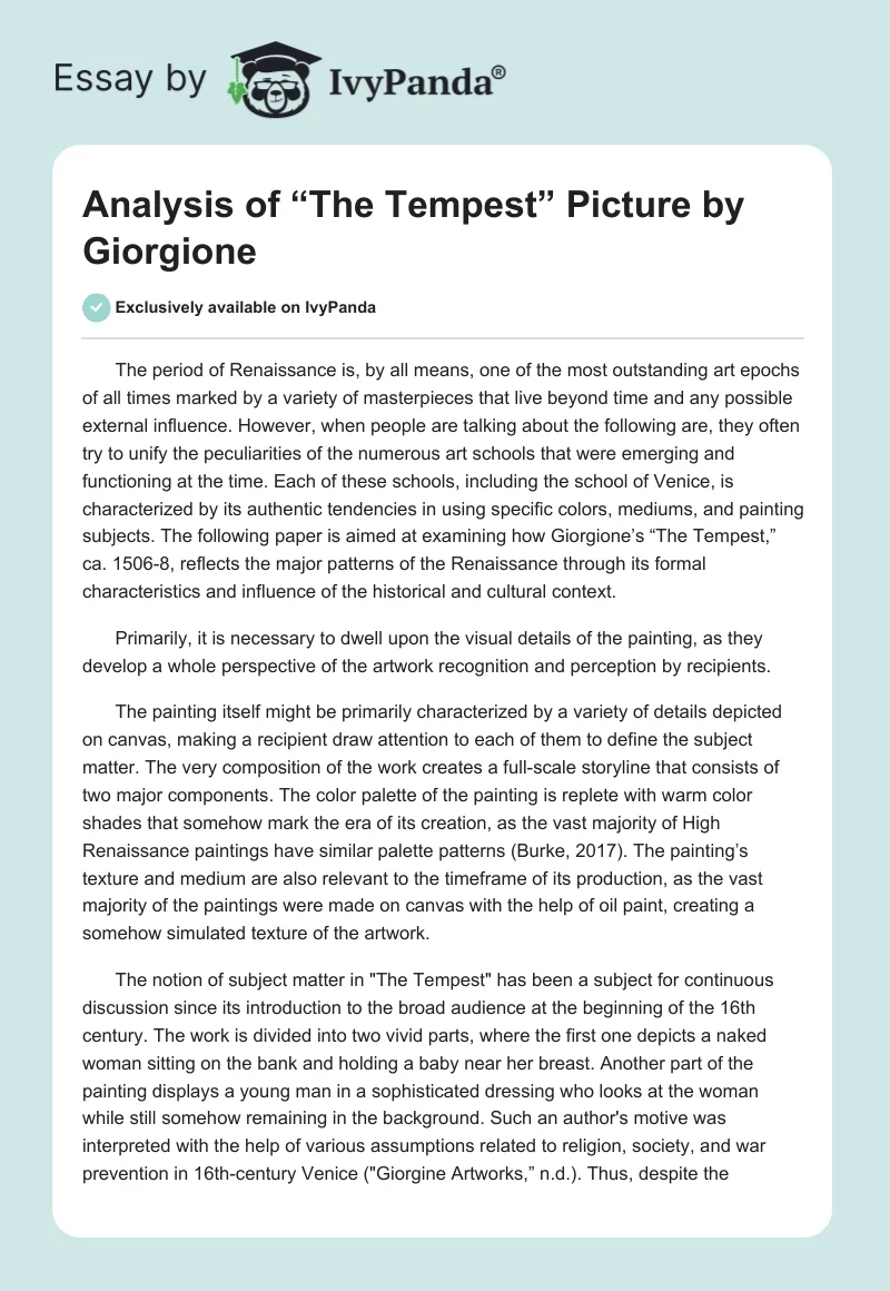 Analysis of “The Tempest” Picture by Giorgione. Page 1