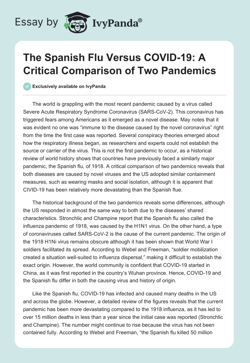 The Spanish Flu Versus COVID-19: A Critical Comparison of Two Pandemics. Page 1