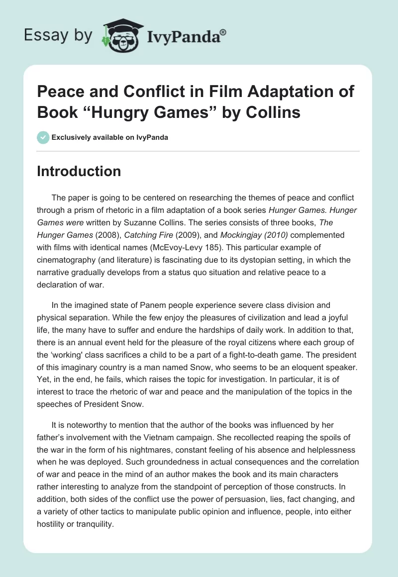 Peace and Conflict in Film Adaptation of Book “Hungry Games” by Collins. Page 1