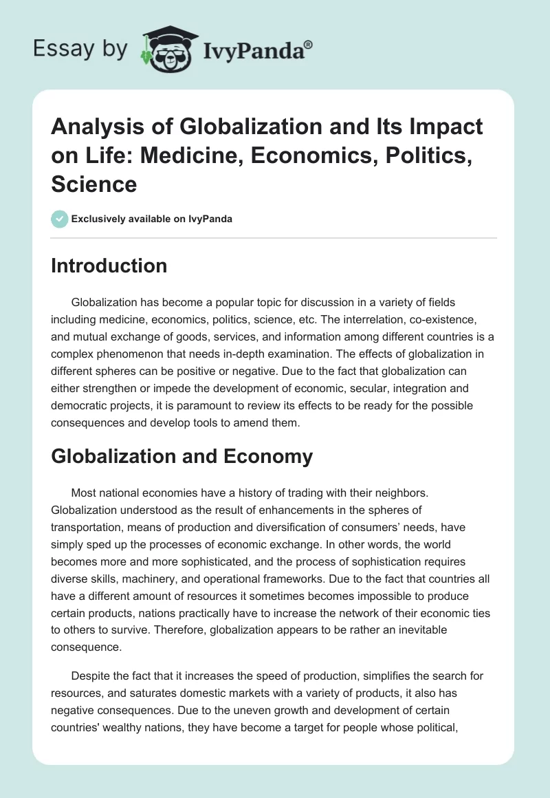 Analysis of Globalization and Its Impact on Life: Medicine, Economics, Politics, Science. Page 1