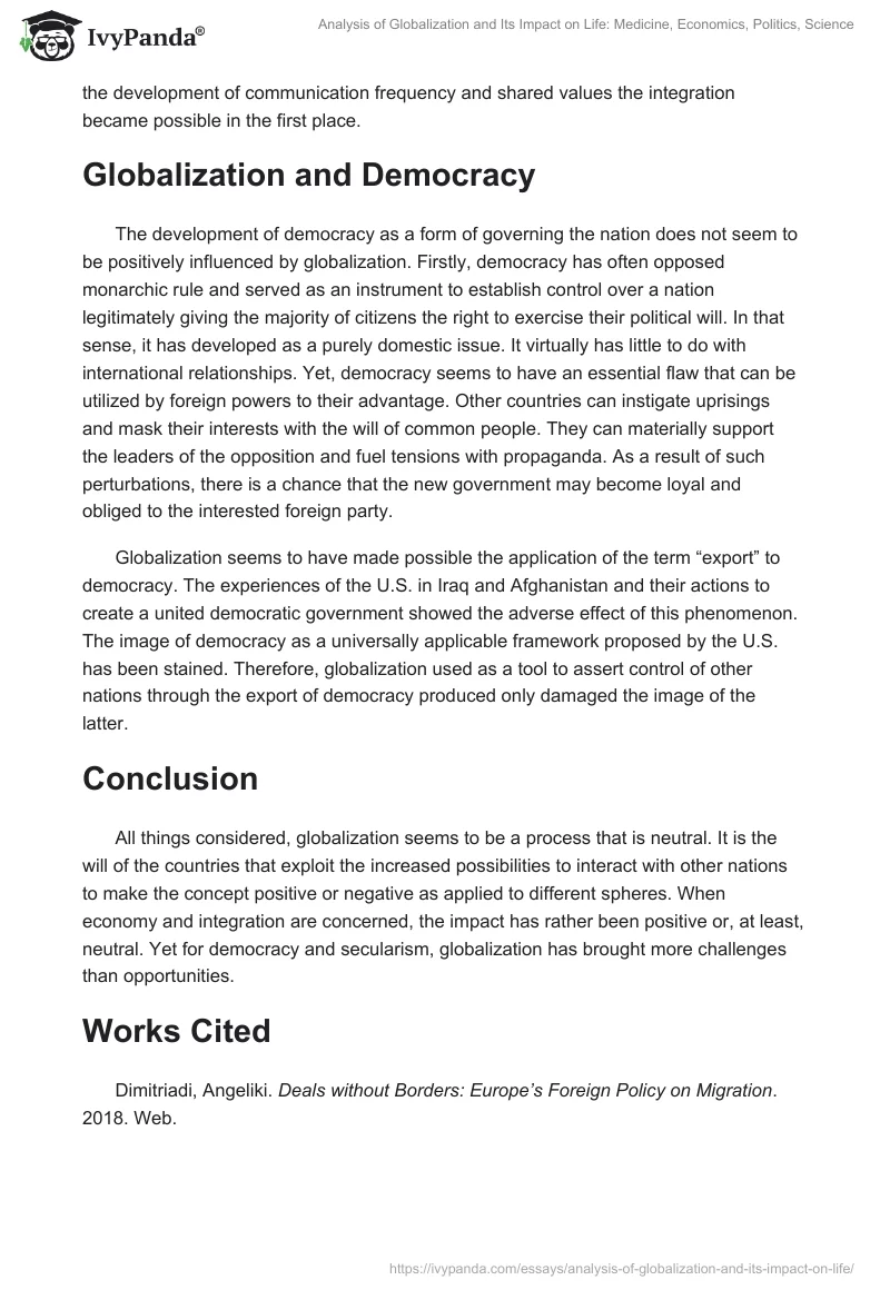 Analysis of Globalization and Its Impact on Life: Medicine, Economics, Politics, Science. Page 4