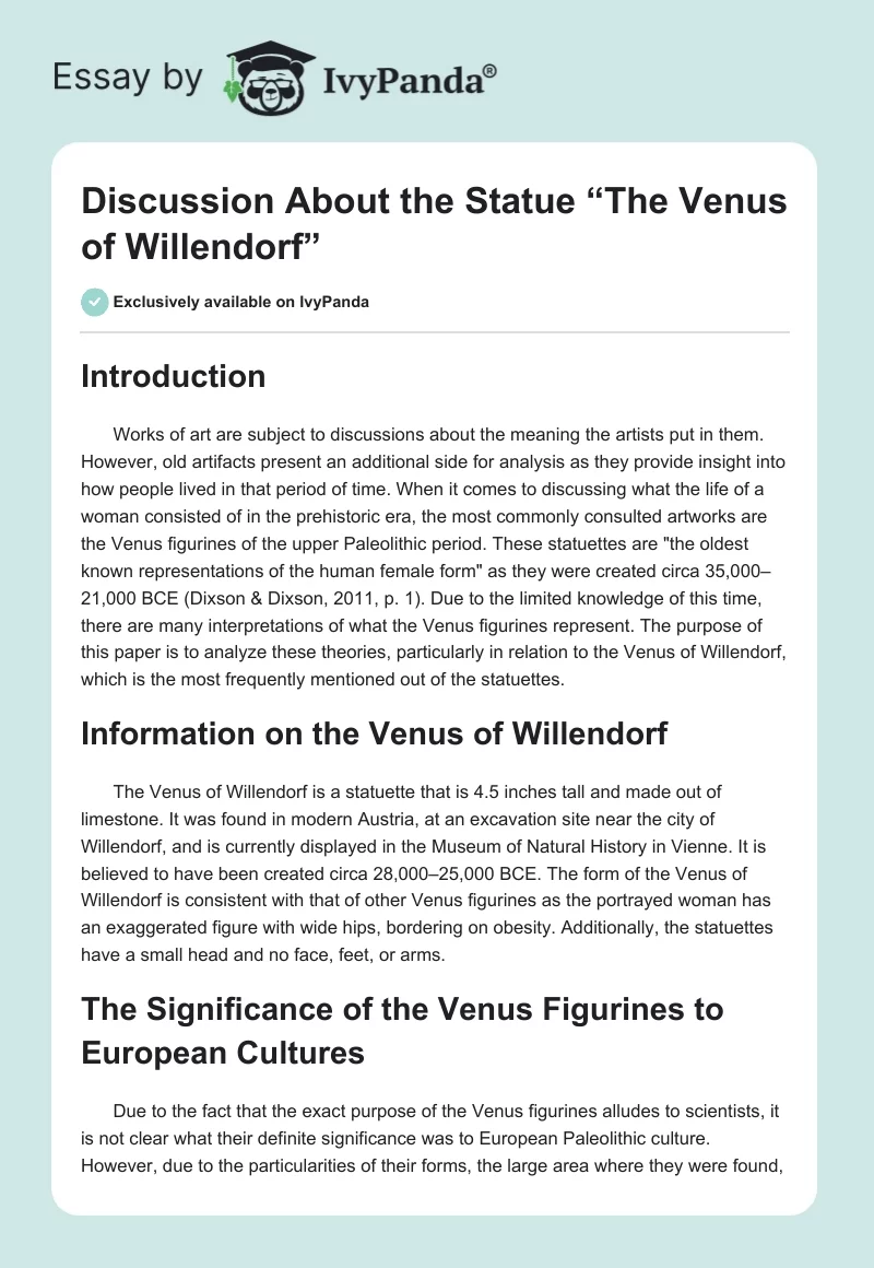 Discussion About the Statue “The Venus of Willendorf”. Page 1