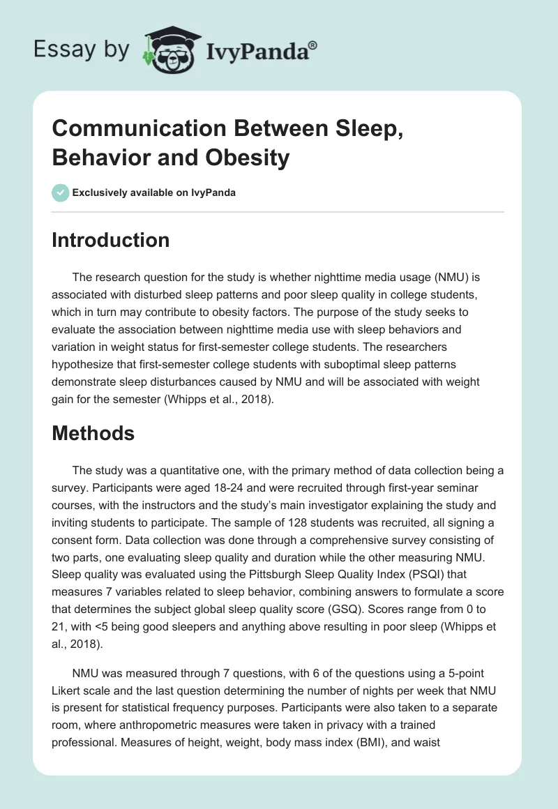 Communication Between Sleep, Behavior and Obesity. Page 1