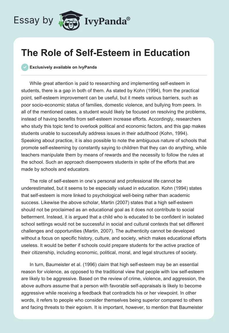 The Role of Self-Esteem in Education. Page 1