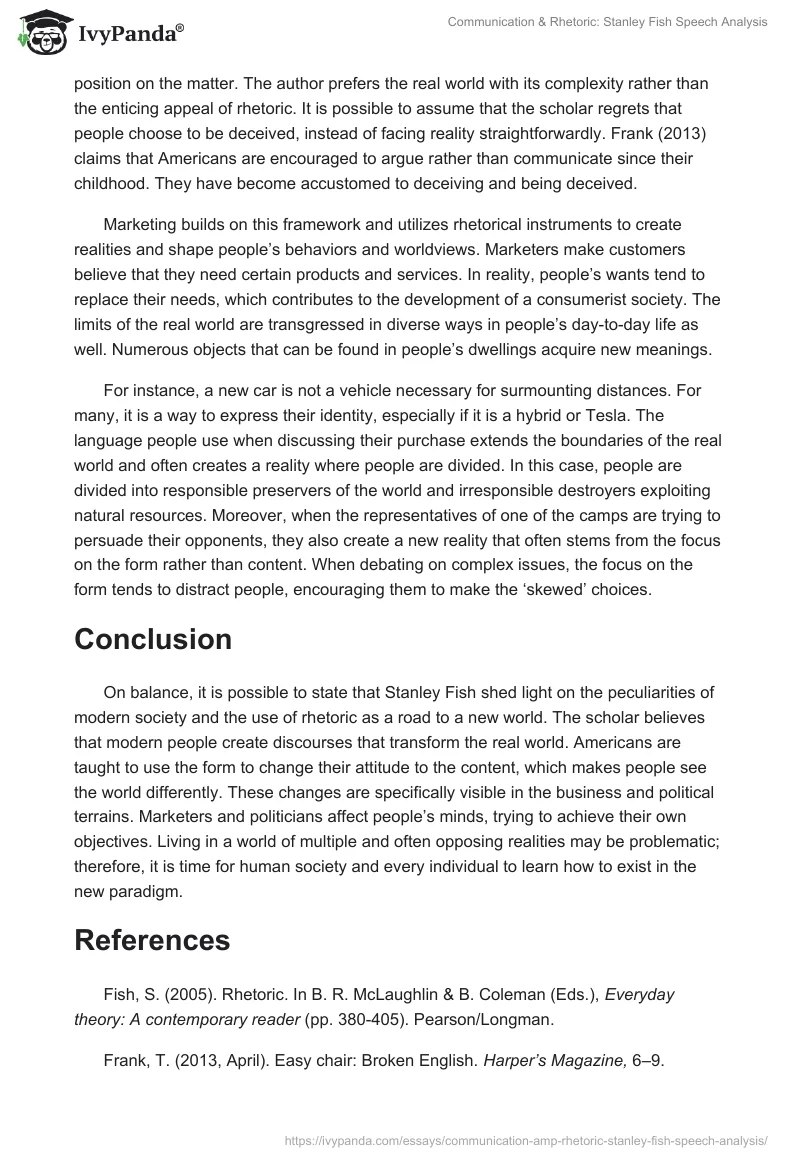 Communication & Rhetoric: Stanley Fish Speech Analysis. Page 3