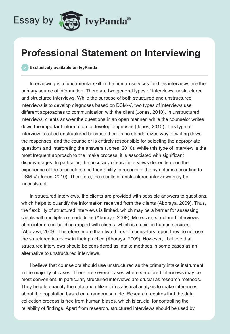 Professional Statement on Interviewing. Page 1
