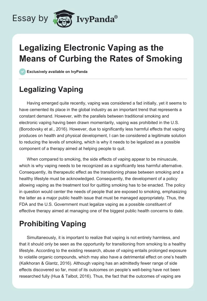 Legalizing Electronic Vaping as the Means of Curbing the Rates of Smoking. Page 1