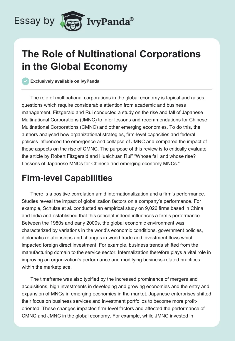 The Role of Nultinational Corporations in the Global Economy. Page 1
