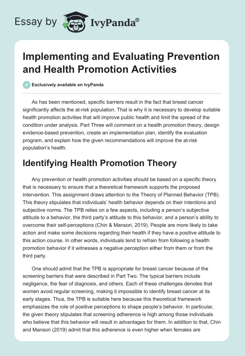 Implementing and Evaluating Prevention and Health Promotion Activities. Page 1