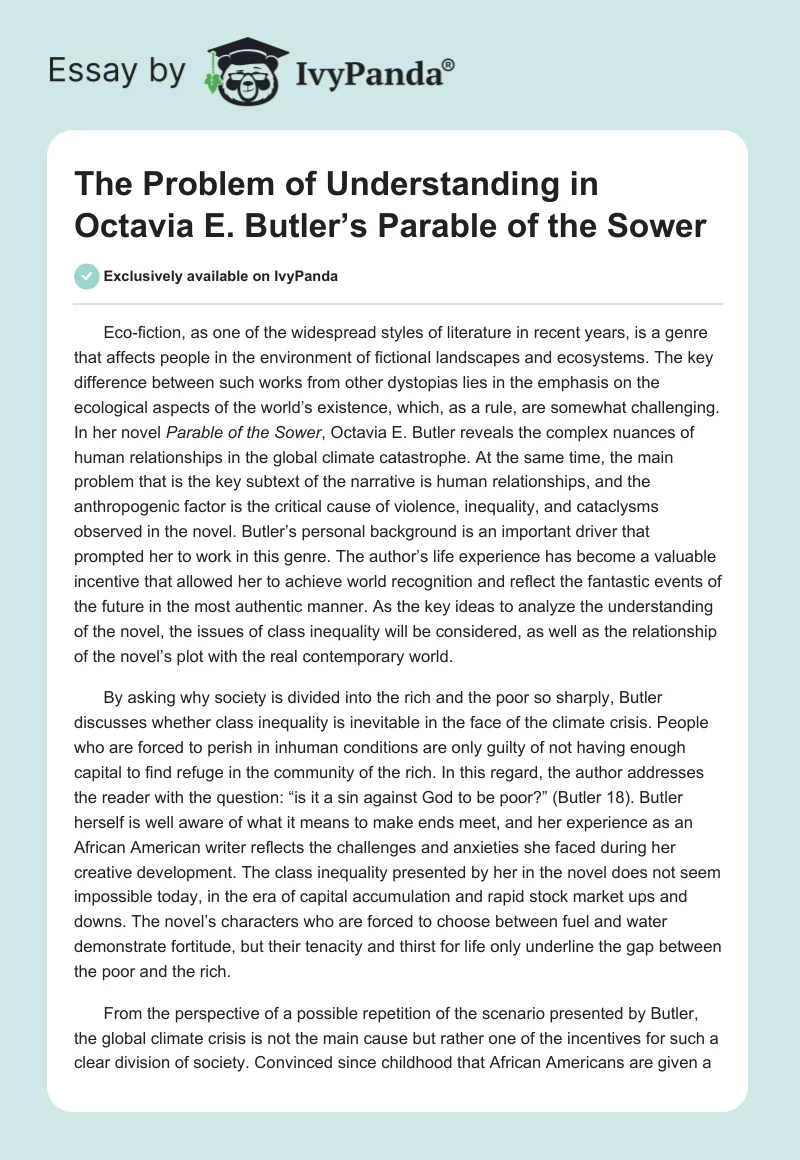 The Problem of Understanding in Octavia E. Butler’s Parable of the Sower. Page 1