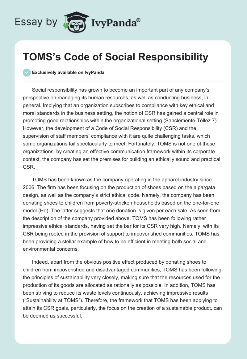 TOMS’s Code of Social Responsibility. Page 1