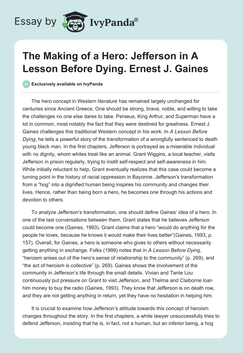 The Making of a Hero: Jefferson in A Lesson Before Dying. Ernest J. Gaines. Page 1