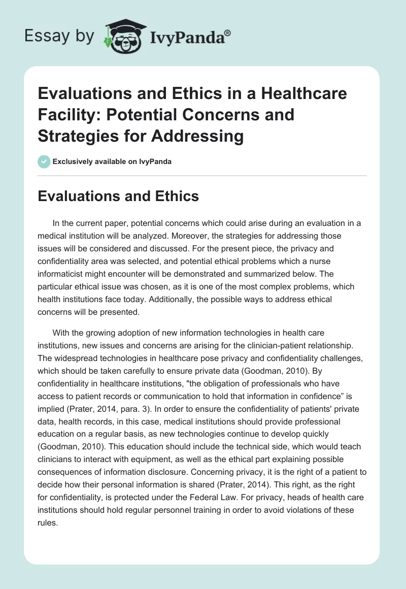 Evaluations and Ethics in a Healthcare Facility: Potential Concerns and Strategies for Addressing. Page 1