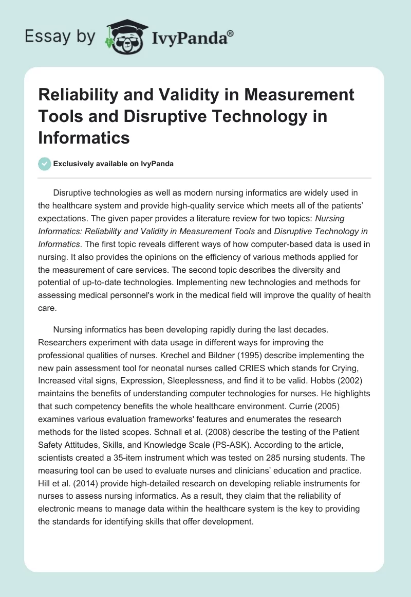 Reliability and Validity in Measurement Tools and Disruptive Technology in Informatics. Page 1