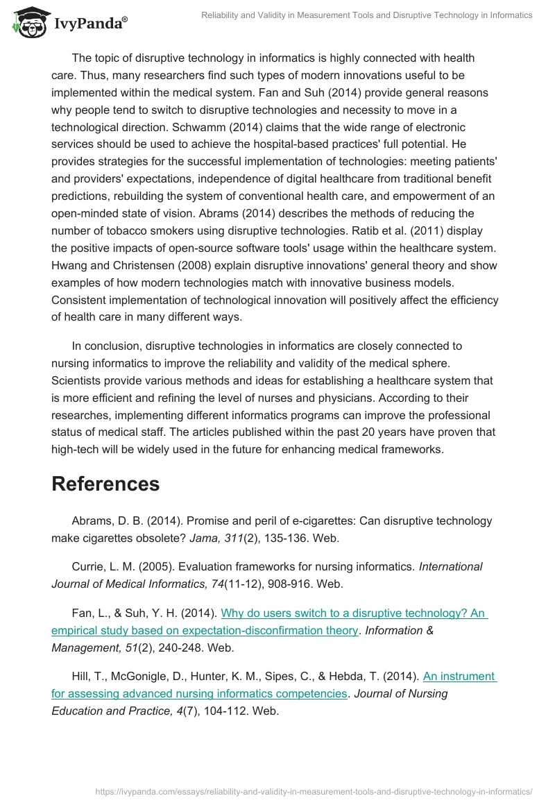 Reliability and Validity in Measurement Tools and Disruptive Technology in Informatics. Page 2