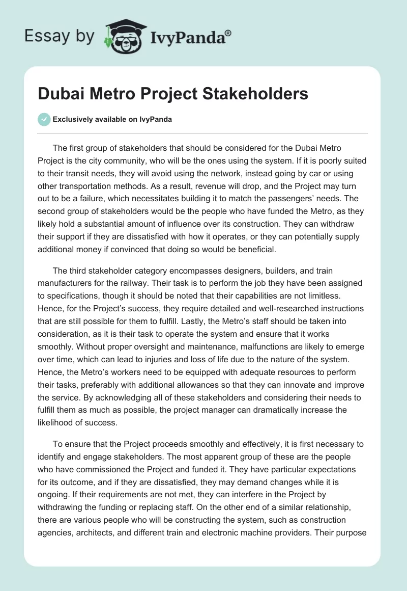 Dubai Metro Project Stakeholders. Page 1