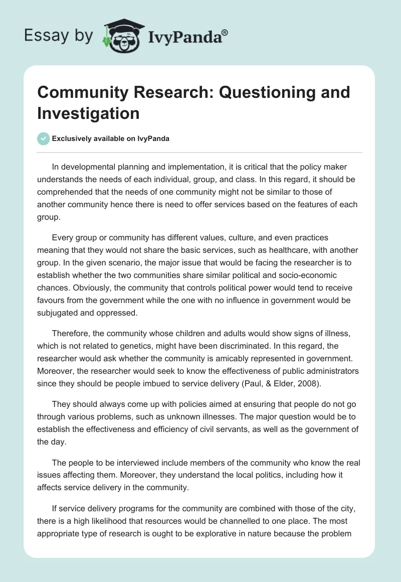 Community Research: Questioning and Investigation. Page 1