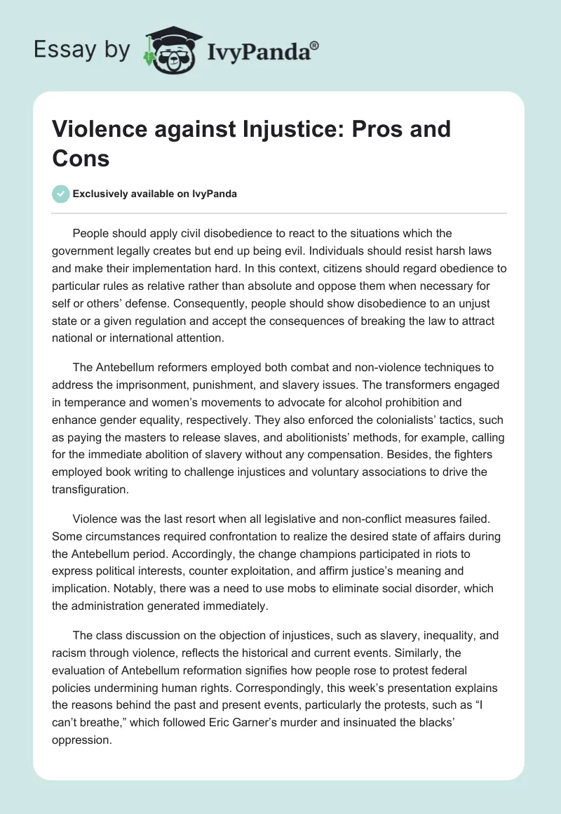 Violence against Injustice: Pros and Cons. Page 1