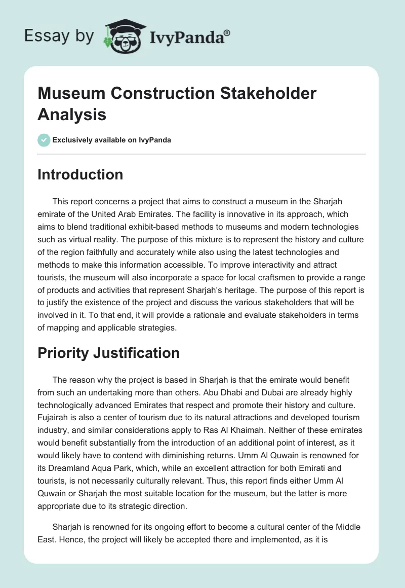 Museum Construction Stakeholder Analysis. Page 1