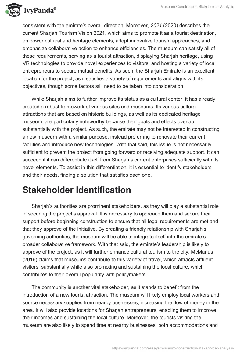 Museum Construction Stakeholder Analysis. Page 2
