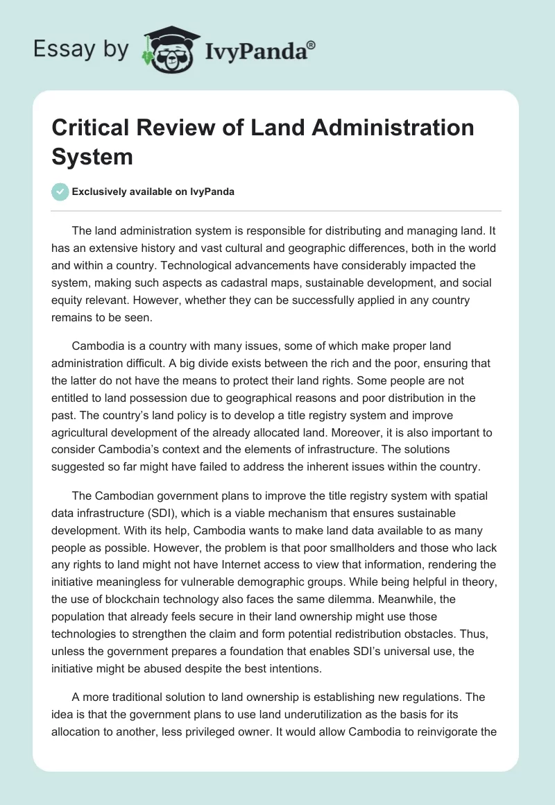 Critical Review of Land Administration System. Page 1