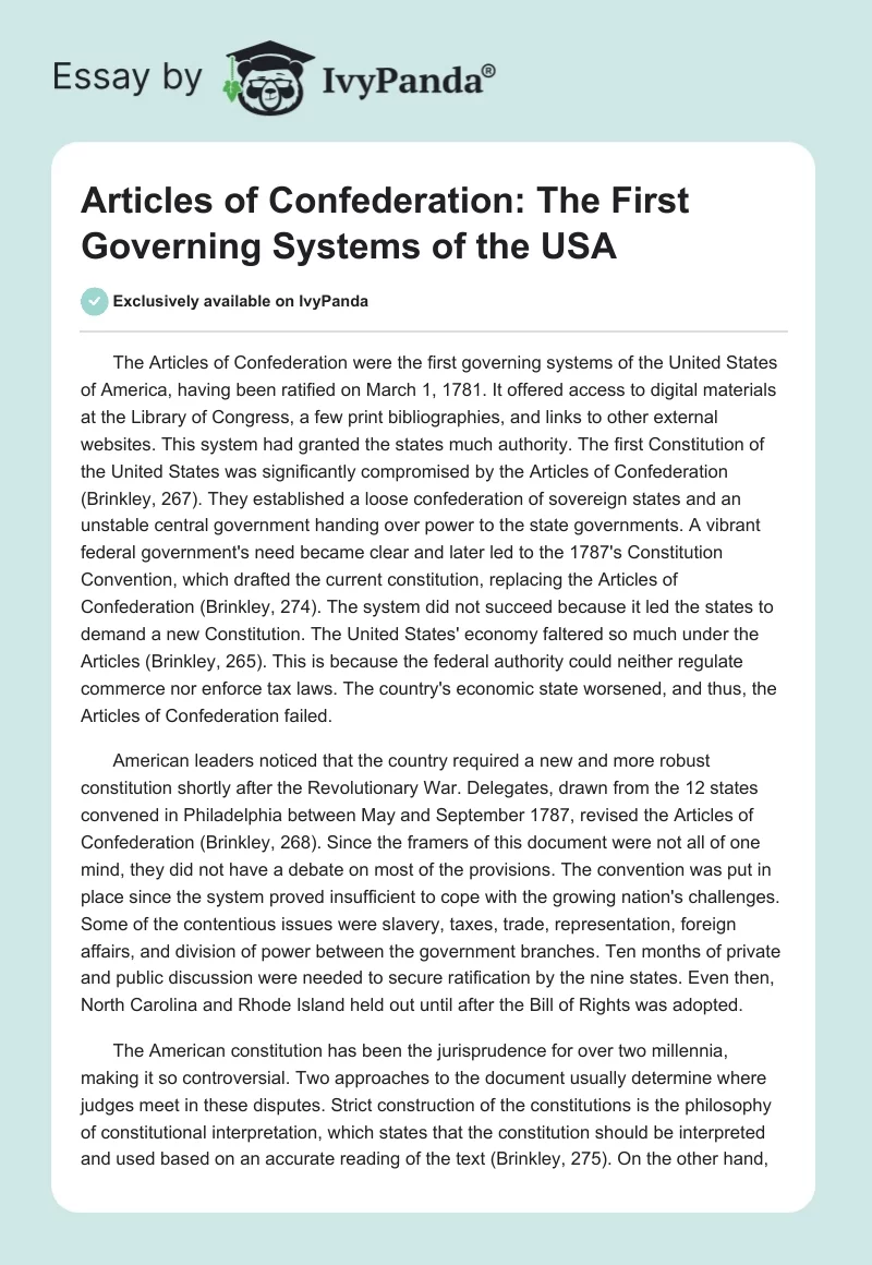 Articles of Confederation: The First Governing Systems of the USA. Page 1