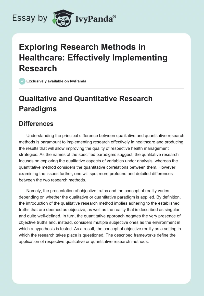 Exploring Research Methods in Healthcare: Effectively Implementing Research. Page 1