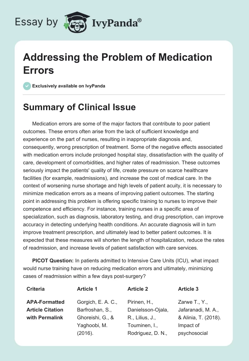 Addressing the Problem of Medication Errors. Page 1