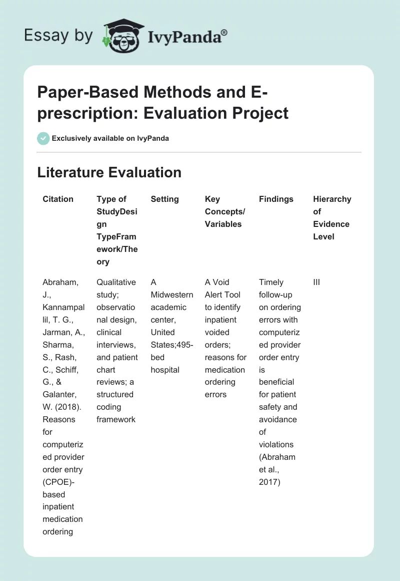 Paper-Based Methods and E-prescription: Evaluation Project. Page 1