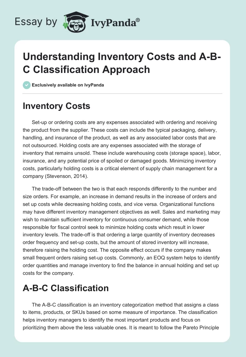 Understanding Inventory Costs and A-B-C Classification Approach. Page 1
