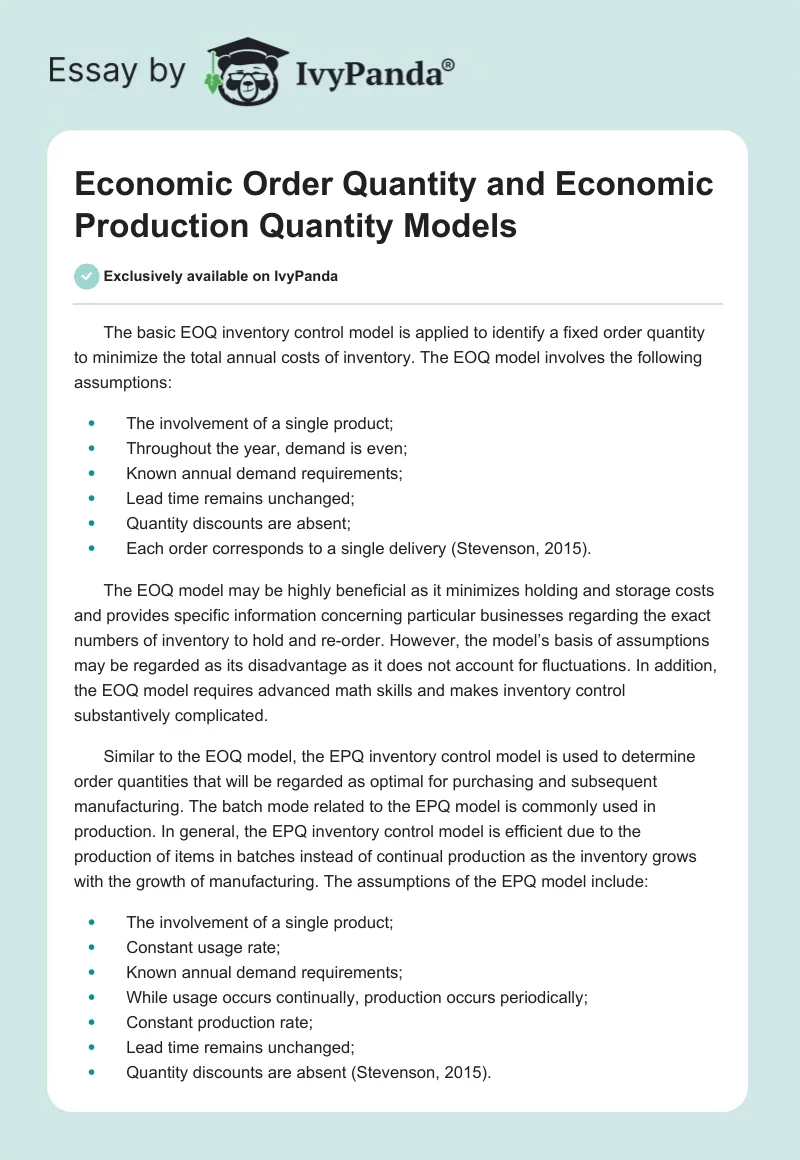 Economic Order Quantity and Economic Production Quantity Models. Page 1