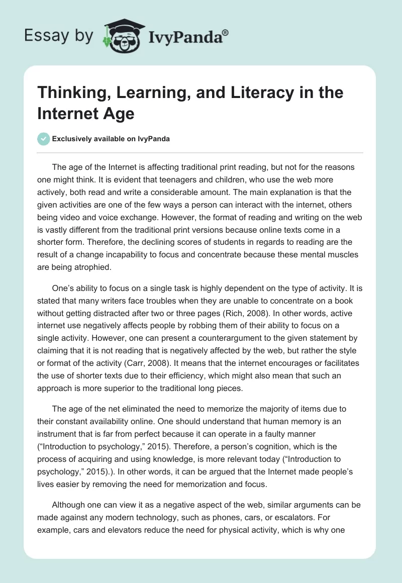 Thinking, Learning, and Literacy in the Internet Age. Page 1