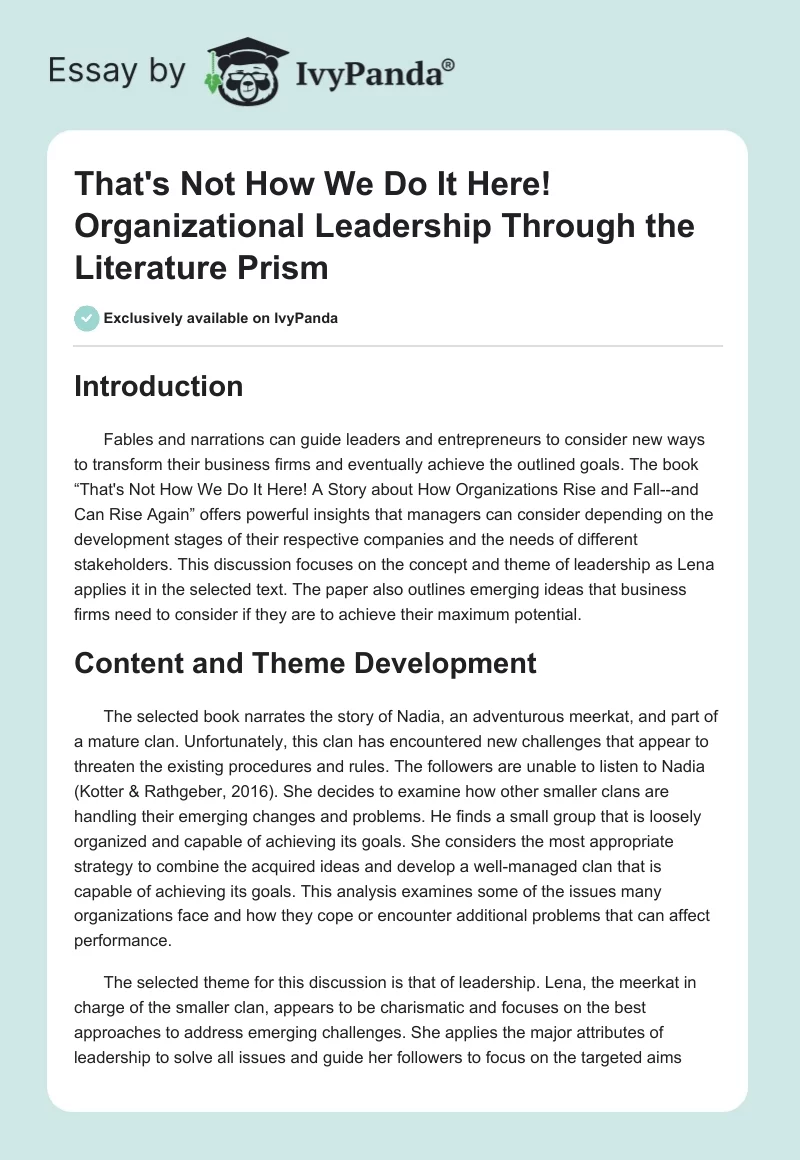 "That's Not How We Do It Here!" Organizational Leadership Through the Literature Prism. Page 1