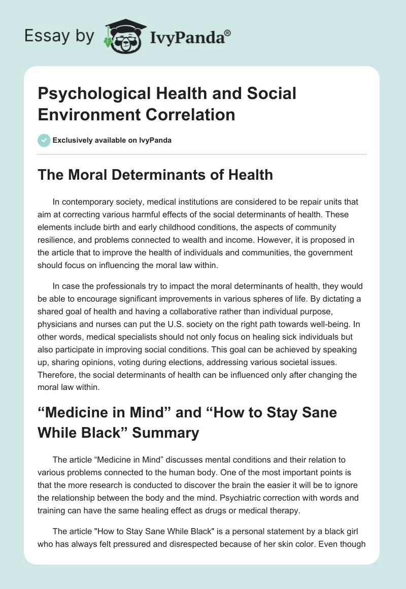 Psychological Health and Social Environment Correlation. Page 1