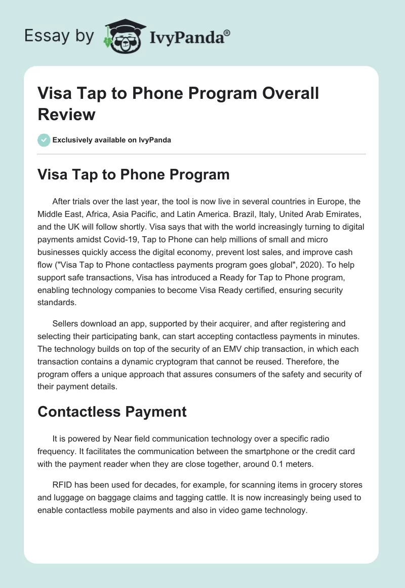 Visa Tap to Phone Program Overall Review. Page 1