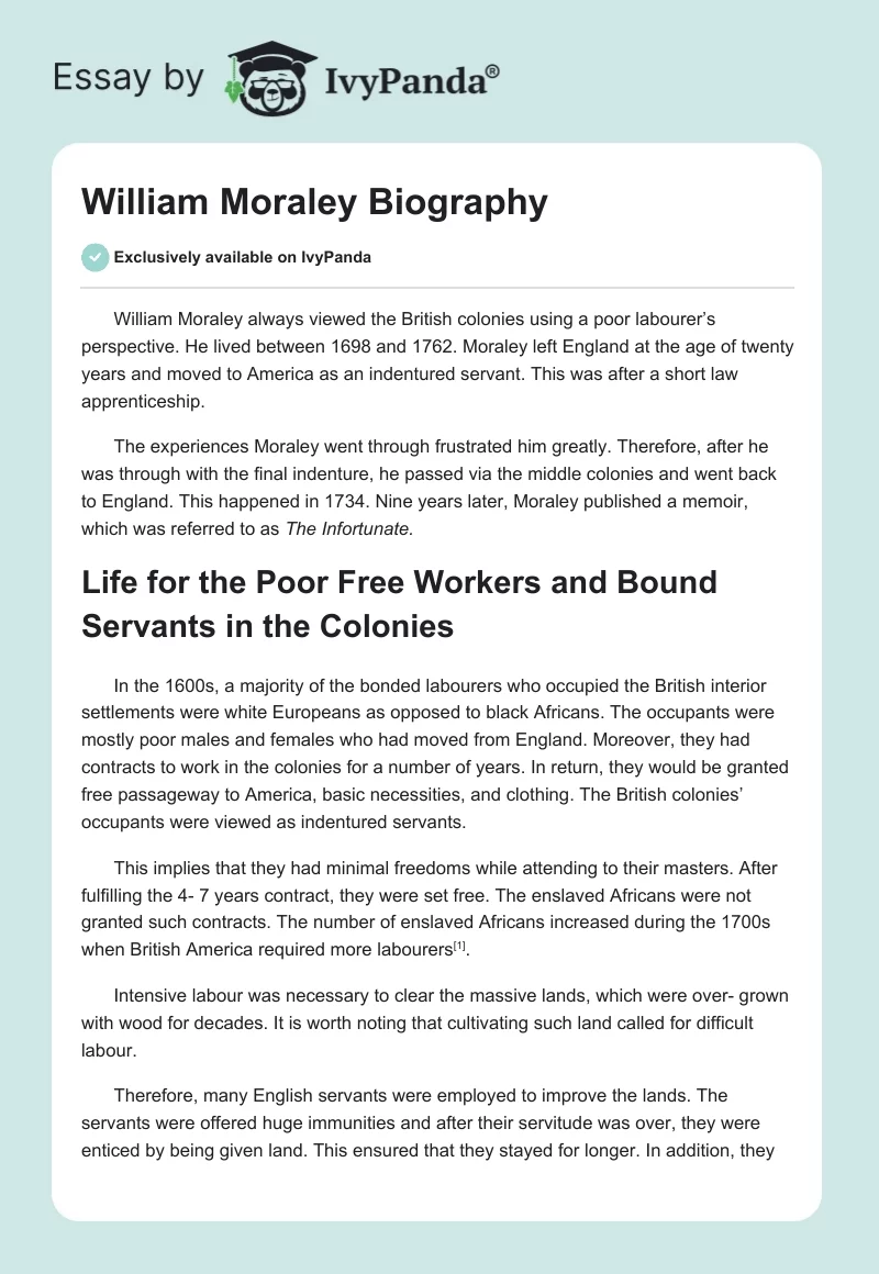 William Moraley Biography. Page 1