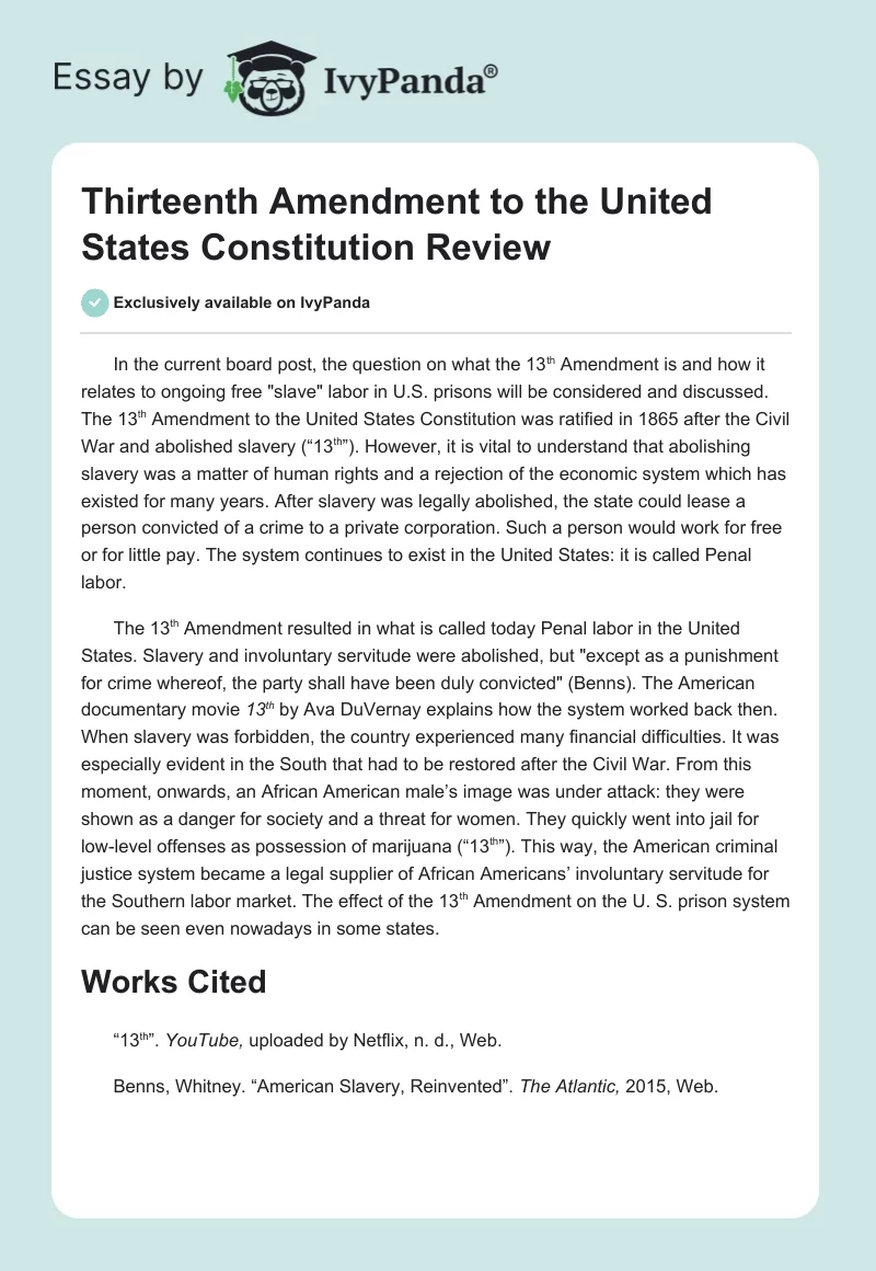Thirteenth Amendment to the United States Constitution Review. Page 1
