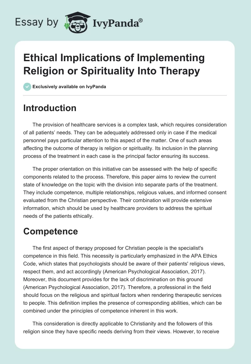 Ethical Implications of Implementing Religion or Spirituality Into Therapy. Page 1