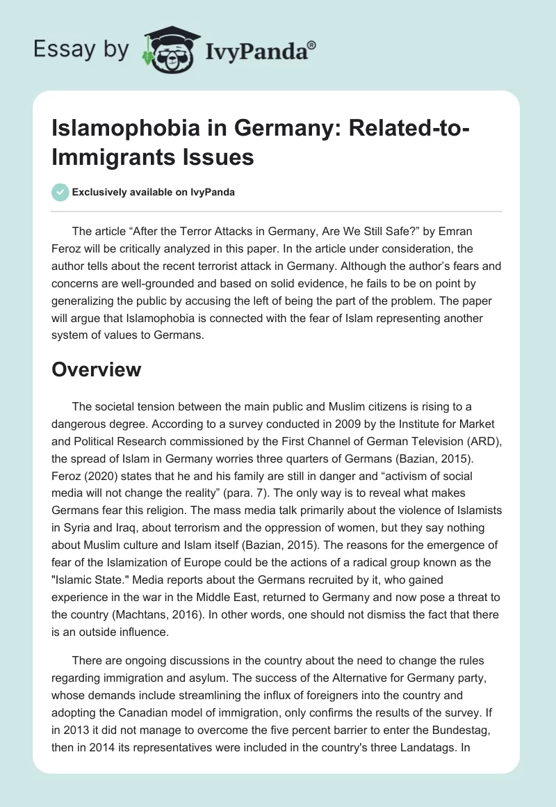 Islamophobia in Germany: Related-to-Immigrants Issues. Page 1