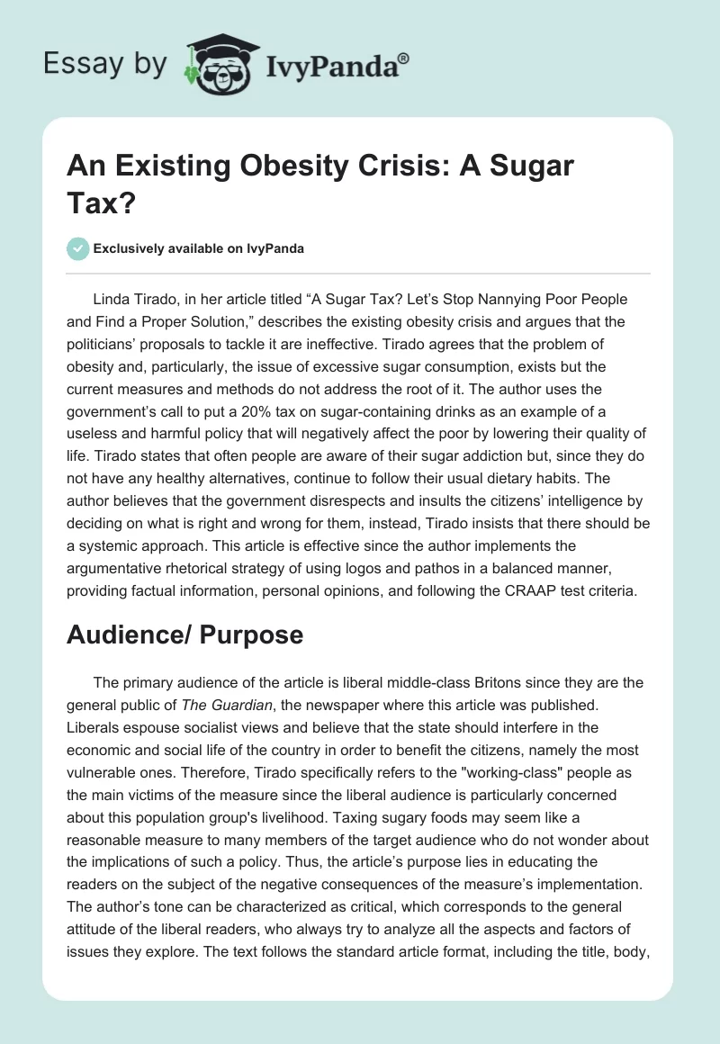 An Existing Obesity Crisis: A Sugar Tax?. Page 1