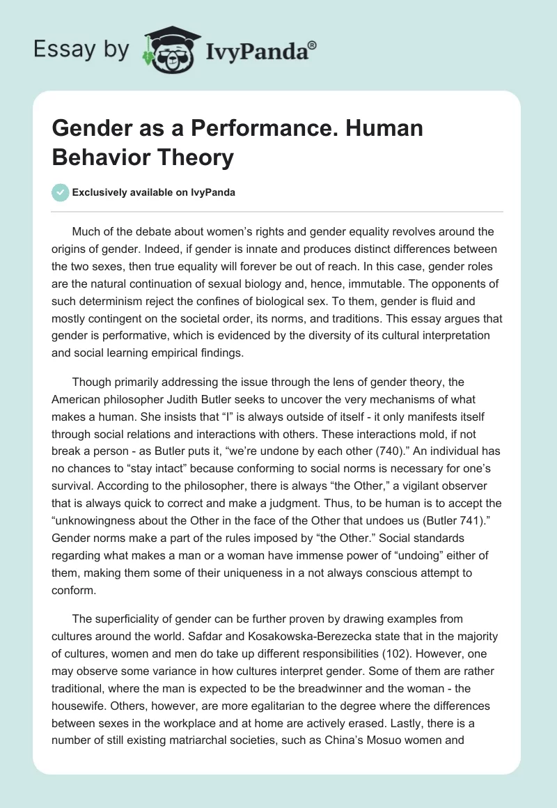 Gender as a Performance. Human Behavior Theory. Page 1