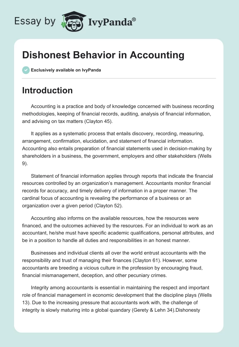 Dishonest Behavior in Accounting. Page 1