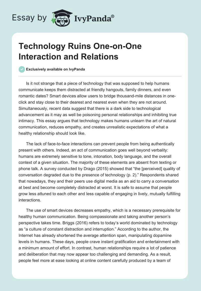 Technology Ruins One-on-One Interaction and Relations. Page 1