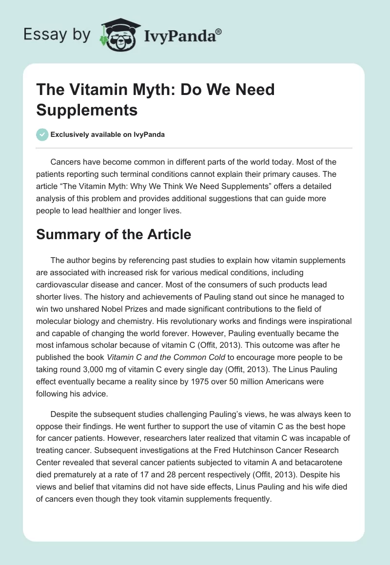 The Vitamin Myth: Do We Need Supplements. Page 1