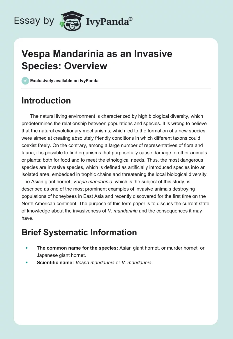 Vespa Mandarinia as an Invasive Species: Overview. Page 1