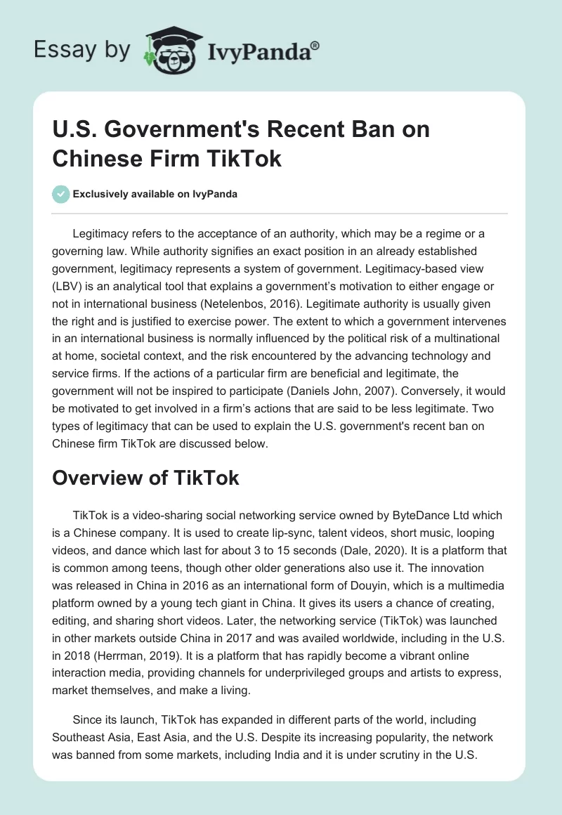U.S. Government's Recent Ban on Chinese Firm TikTok. Page 1